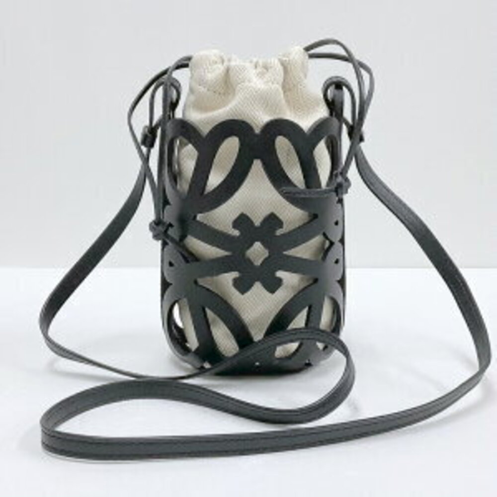LOEWE Anagram Cutout Pocket Shoulder Bag Black Leather Canvas